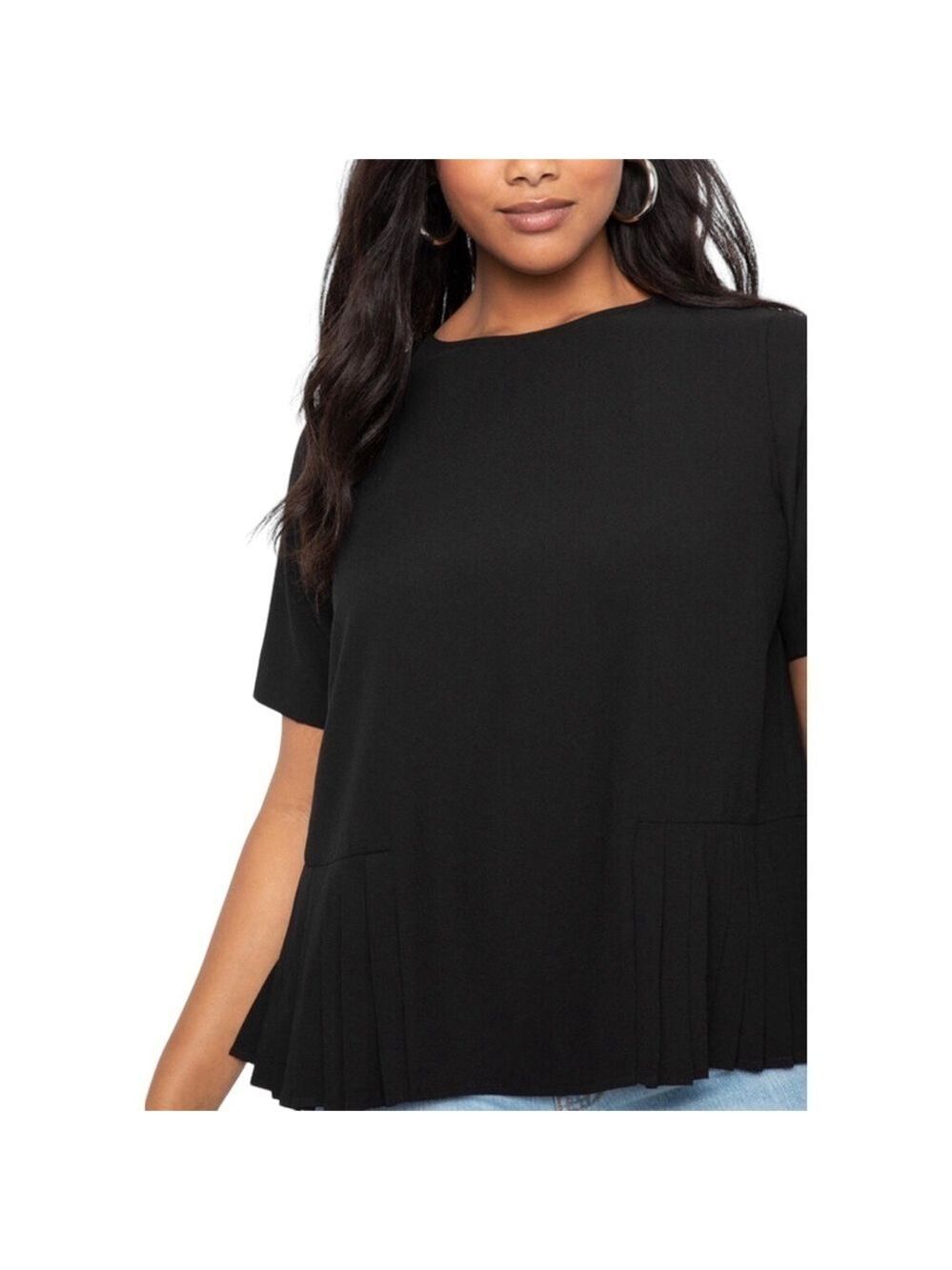 Zara Flowy Pleated Hem Peplum Style Crewneck Short Sleeve Black Blouse Top